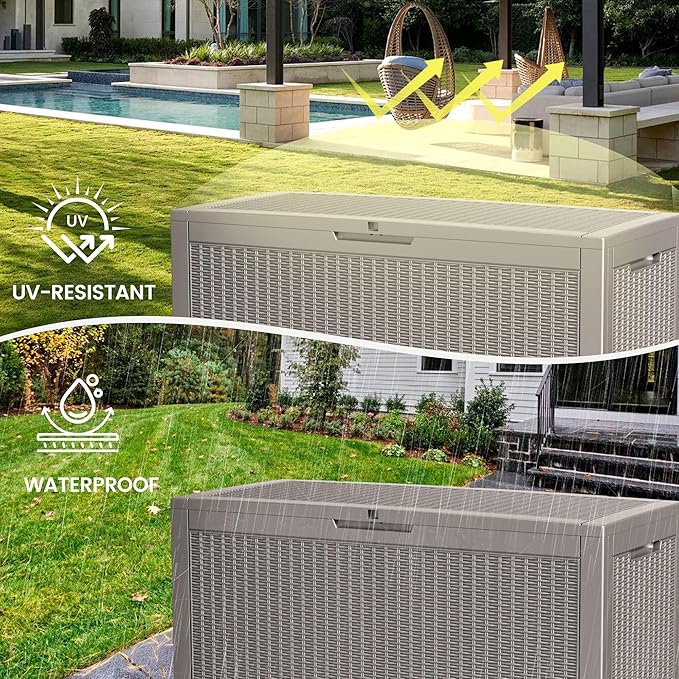 100 Gallon Storage Box, Waterproof Resin Deck Box with Hydraulic Piston Design, Lockable Storage Bench for Package Delivery, Storage Bin for Patio Cushions, Garden Tools, Grey-Ruum Studio Home