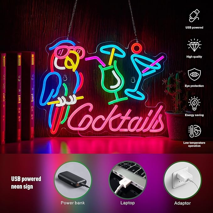 Parrot Cocktail Neon Sign for Wall Decor Bar LED Light Beer Wine Alcohol Man Cave Garage USB Powered Dimmable Art Signs-Ruum Studio Home