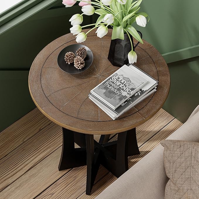 Farmhouse Round End Table X 2P with Criss-Cross Wood Legs, Rustic French Country Side Table for Dinning or Living Room, Modern, Black, Natural Wood-Ruum Studio Home