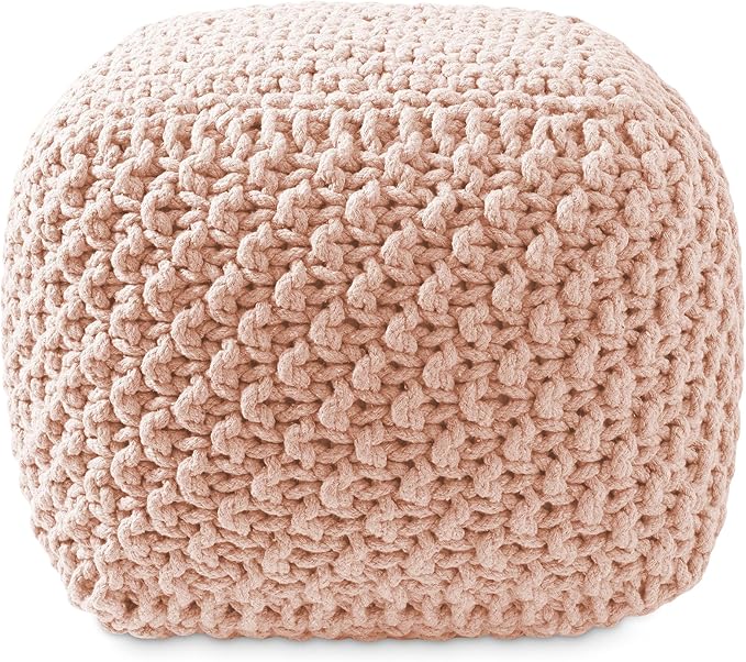 Casafield Square Pouf Ottoman, Light Pink 18.5" W x 18.5" D x 14.5" H Cotton Knit Foot Stool - Boho Floor Pouffe for Living Room, Bedroom, Home Office-Ruum Studio Home
