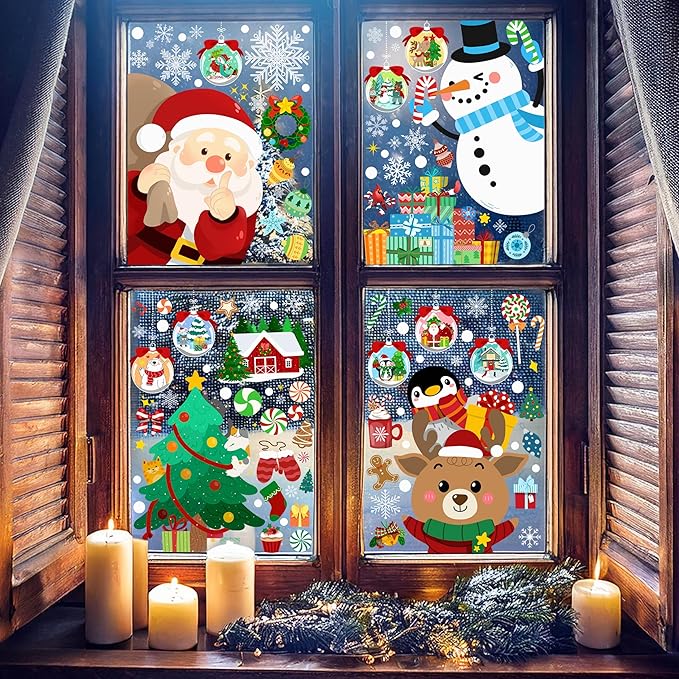 Christmas Window Clings - Christmas Large Window Stickers for Glass Window, Reusable Static Vinyl Double-Sided Winter Decals, Cute Snowflake Snowman Holiday Xmas Decorations, 197 PCS/9 Sheet-Ruum Studio Home