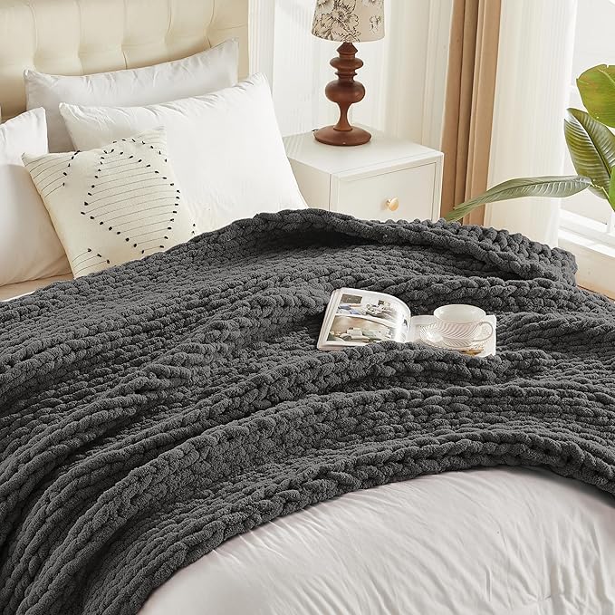 Carriediosa Chunky Knit Throw Blanket 50" X 60", 100% Hand Made Large Chenille Loop Yarn Soft Fluffy Throws for Couch Sofa Bed, Big Crochet Cozy Heavy Thick Cable Woven Blankets, Dark Grey-Ruum Studio Home