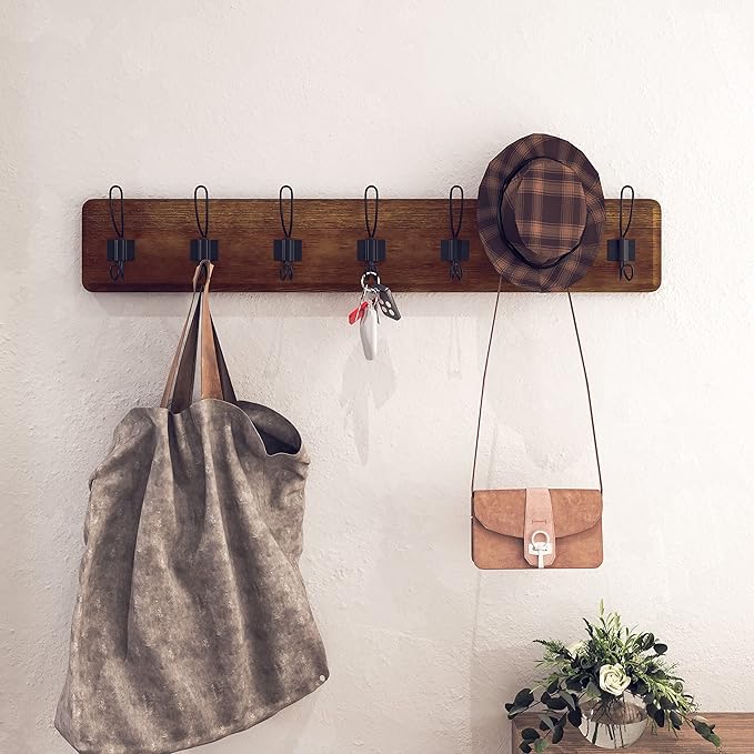 HBCY Creations Rustic Brown Solid Wood Wall Mounted Coat Rack with Shelf, 7 Hooks, 34" Long - Kitchen, Mudroom, Entryway, Bathroom - Includes Mounting Hardware, Coat Hanger, Dog Leash Hooks-Ruum Studio Home