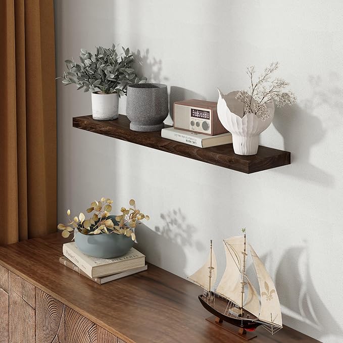 40 Inch Floating Shelves for Wall, Rustic Elm Wood Shelf for Home Decor, Heavy-Duty Wooden Floating Shelves for Kitchen, Wall Mounted Storage Shelves for Bathtoom, Living Room, Walnut Color, Set of 1-Ruum Studio Home
