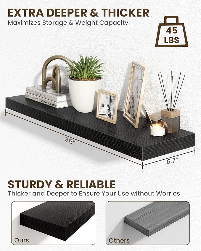 Marsmiles 36" Floating Shelves for Wall, Wooden Shelves with Invisible Brackets Set of 2, Rustic Farmhouse Wall Mounted Shelf for Kitchen Bathroom Living Room Study, Black-Ruum Studio Home