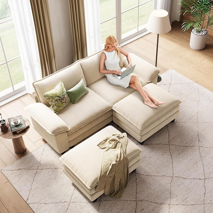 LINSY HOME Sectional Sleeper Sofa - 90'' Modular Cloud Couch Oversized Corduroy Sofa Bed with Movable Ottoman Soft Modern Comfy Couch Set for Living Room Apartment Office, Beige-Ruum Studio Home
