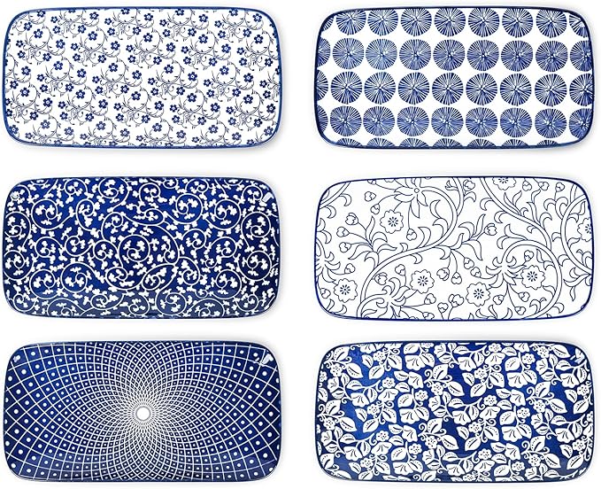 Selamica Ceramic Serving Platters, 12 Inch Serving Trays for Party Entertaining, Large Rectangular Serving Plates for Food, Set of 6, Vintage Blue-Ruum Studio Home