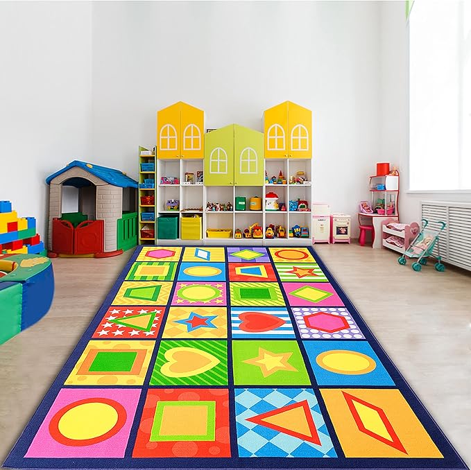 Booooom Jackson Seating Classroom Rug for Kids Room Seating Décor, 7'54''x13'12'' Vibrant Geometric Patterns Large Preschool Carpet Seating Rug for Teaching and Playroom, Non-Slip Rubber Backing-Ruum Studio Home