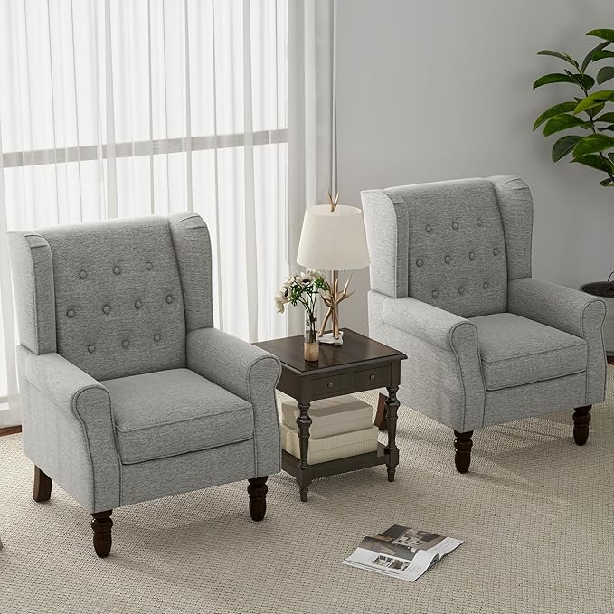 Accent Chair, Upholstered Armchair with Button Tufted High Back & Solid Wood Legs, Comfy Wingback Reading Single Sofa Chair for Small Spaces, Living Room, Bedroom (Light Grey, Set of 1)-Ruum Studio Home