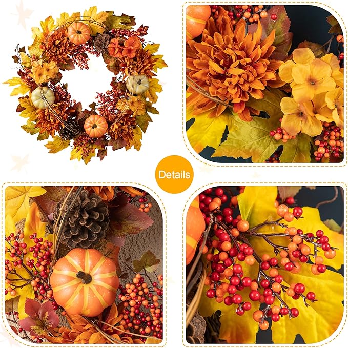 Glitzhome 24 inch Artificial Fall Wreath Decor, Autumn Maple Leaf Wreath for Front Door with Dahlia Pumpkin, Leaf and Berry Wreaths for Autumn Harvest Thanksgiving Halloween Decor-Ruum Studio Home
