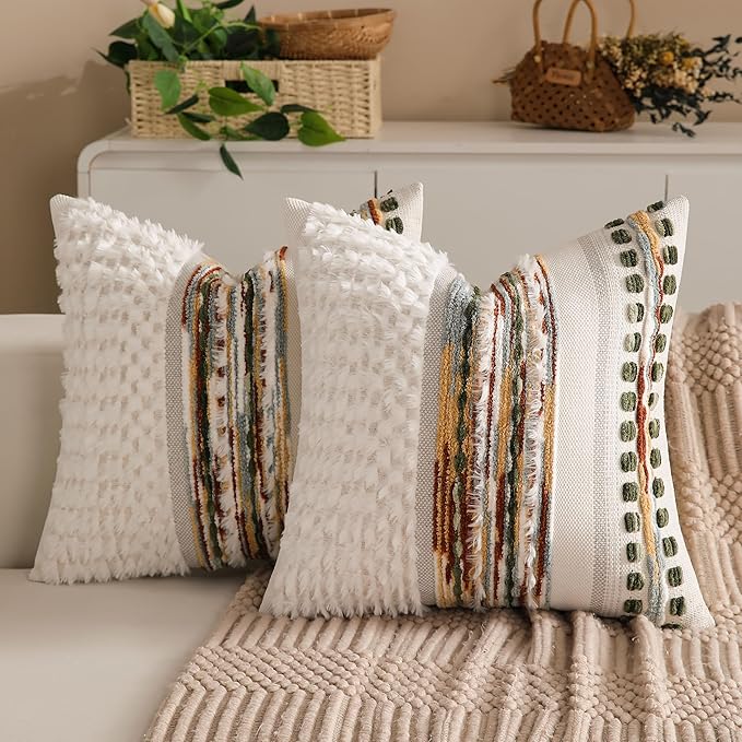 Boho Chenille Tufted Couch Throw Pillow Covers 18x18 Inch Set of 2 Farmhouse Striped Decorative Pillow Covers Accent Neutral Pillowcase Forest Cushion Cover for Living Room Sofa Bed-Ruum Studio Home