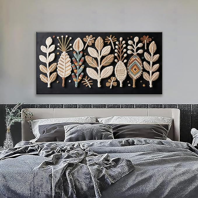 Boho Black Wall Art Chic Home Wall Art Modern Multicolor Leaves Feather Canvas Wall Art Decor For Living Room Bedroom Apartment Kitchen 24"W X 48"L Ready To Hanging-Ruum Studio Home