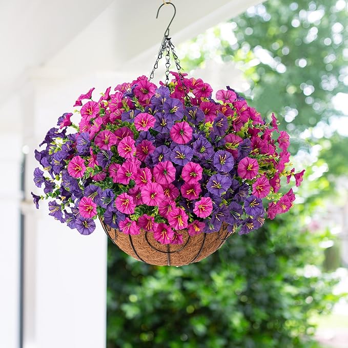Artificial Faux Hanging Flowers Plants Basket for Spring Summer Outdoors Decoration, Silk Morning Glory with Eucalyptus Look Real UV Resistant Fake Flowers for Outside Porch Patio Balcony Home, Mix-Ruum Studio Home