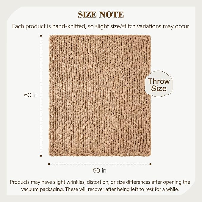 Carriediosa Chunky Knit Throw Blanket 50" X 60", 100% Hand Made Large Chenille Loop Yarn Soft Fluffy Throws for Couch Sofa Bed, Big Crochet Cozy Heavy Thick Cable Woven Blankets, Tan Brown-Ruum Studio Home