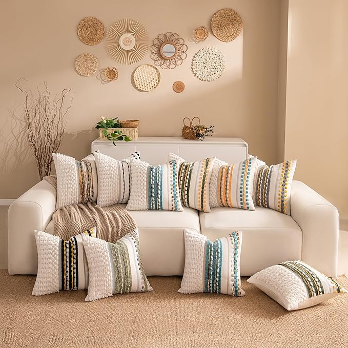 Boho Chenille Tufted Couch Throw Pillow Covers 18x18 Inch Set of 2 Farmhouse Striped Decorative Pillow Covers Accent Neutral Pillowcase Grey Yellow Cushion Cover for Living Room Sofa Bed-Ruum Studio Home