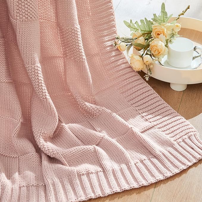 CozeCube Check Knit Throw Blanket, Pink Checkered Throw for Couch, Decorative Christmas Soft Cozy Warm Knitted Blanket for Bed Sofa Living Room, 50"X60"-Ruum Studio Home