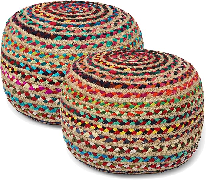 REDEARTH · Round Pouf Ottoman - Braided Boho Poof Home Décor Pouffe Accent Sitting Circular Foot Rest for Living Room, Bedroom, Nursery, Lounge; Jute and Cotton Set of 2 (19.5"x19.5"x14"; Multi)-Ruum Studio Home