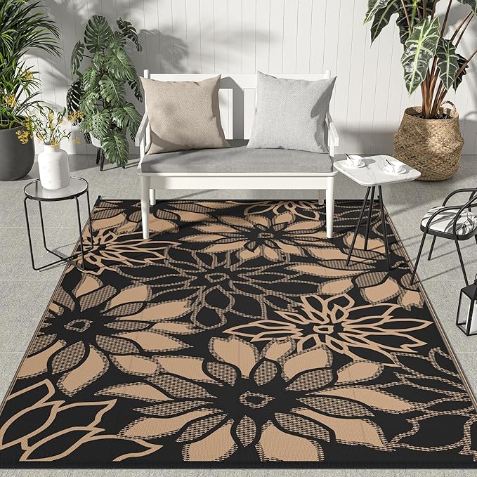 GENIMO Outdoor Rug Waterproof for Patio Decor, 8' x 10' Reversible Plastic Straw Floral Camping Carpet, Large Area Rugs Mats for RV, Camper, Deck, Balcony, Porch, Beach, Picnic, Black & Brown-Ruum Studio Home
