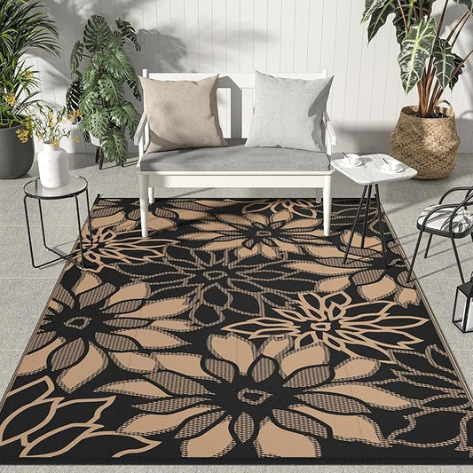 GENIMO Outdoor Rug Waterproof for Patio Decor, 9' x 12' Reversible Plastic Straw Floral Camping Carpet, Large Area Rugs Mats for RV, Camper, Deck, Balcony, Porch, Beach, Picnic, Black & Brown-Ruum Studio Home