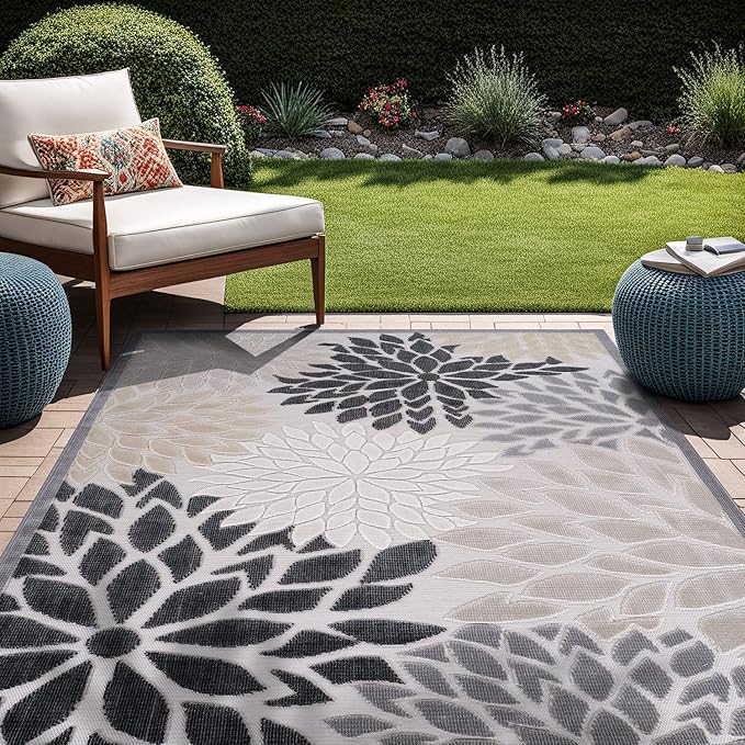 Beverly Rug Outdoor Rug 9x12 Large Modern Floral Tropical Area Rugs for Indoor and Outdoor Patio Easy to Clean Non Shedding Living Room Porch Garden Washable Outside Carpet (9 x 12 Beige)-Ruum Studio Home