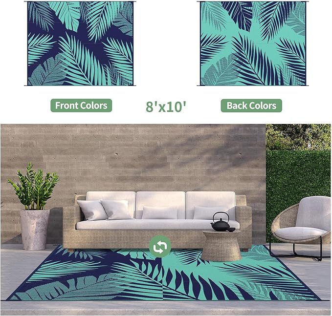 GENIMO Outdoor Rug 8' x 10' Waterproof for Patios Clearance, Reversible Outdoor Plastic Straw Camping Rug Carpet, Large Area Rugs Mats for RV, Camper, Deck, Balcony, Porch, Beach, Navy Blue&Jade Green-Ruum Studio Home