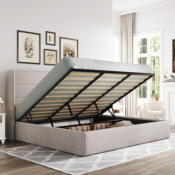 Allewie King Size Lift Up Storage Bed, Modern Wingback Headboard, Hydraulic Support, No Box Spring Needed, Light Beige-Ruum Studio Home
