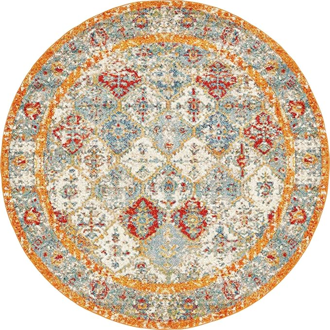 Unique Loom Rosso Collection Vintage, Traditional, Bohemian, Geometric, Distressed, Southwestern Area Rug, 8' 0" x 8' 0", Beige/Orange-Ruum Studio Home