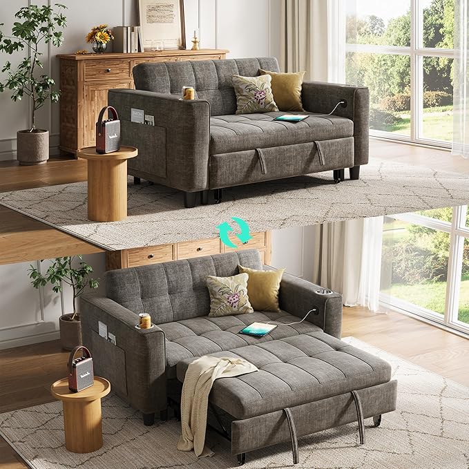 LINSY 3-in-1 Convertible Sofa Bed, 54" Pull Out Sleeper Sofa with Charging Station & Cup Holder, Small Folding Loveseat with Side Pocket for Small Space, Corduroy Couch, Gray-Ruum Studio Home
