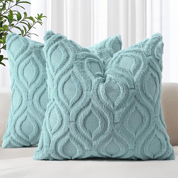 decorUhome Fall Throw Pillow Covers 26x26 Inch Set of 2, Soft Plush Decorative Faux Fur Aqua Solid Couch Pillow Covers, Accent Farmhouse Neutral Square Euro Pillow Cases for Sofa Bed Living Room-Ruum Studio Home