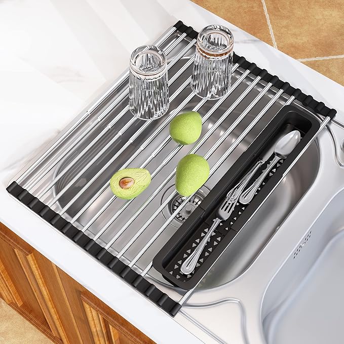 Roll Up Dish Drying Rack, Expandable (12.8"-23.8" D x 12.8" W) Stainless Steel Portable Over The Sink Dish Drainer for Kitchen Sink Counter, Foldable Sink Cover with Removable Utensil Holder-Ruum Studio Home