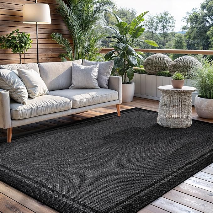 CAMILSON Indoor Outdoor Rug, 6x9 Bordered Dark Grey Black Modern Area Rugs for Indoor and Outdoor Patios, Kitchen and Hallway Mats, Washable Porch Deck Outside Carpet (Bordered Black, 6 x 9)-Ruum Studio Home