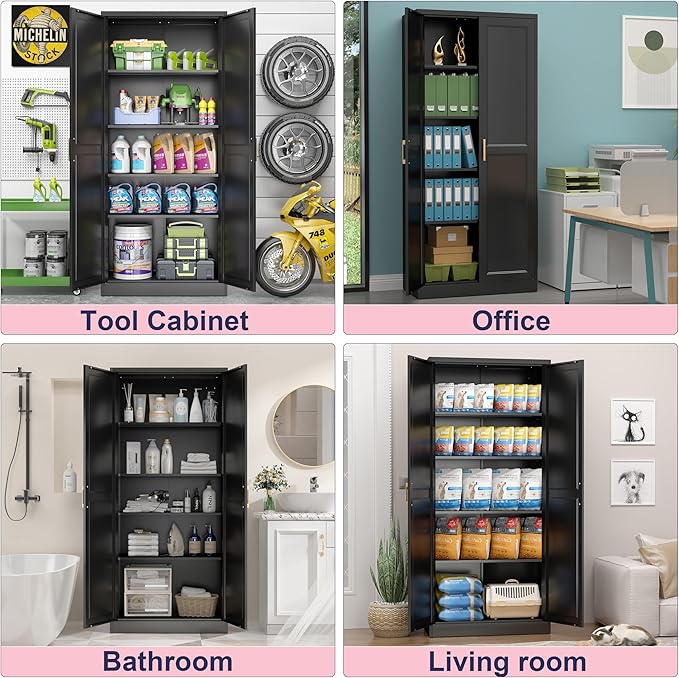 71" Storage Cabinet, Metal Pantry Cabinet, Kitchen Pantry Storage Cabinets with Doors and 4 Shelves for Laundry Room, Living Room, Dinning Room, Assembly Required, Black-Ruum Studio Home
