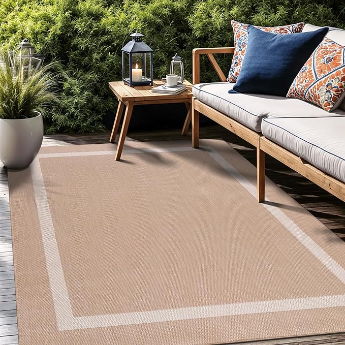 Bordered Outdoor Rug 9x12 Washable Outside Carpet for Indoor Patio Porch Waterproof Easy Cleaning Non Shedding Area Rugs Beige 9 x 12-Ruum Studio Home