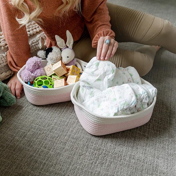 NaturalCozy 5-Piece Rectangle Storage Basket Set- Natural Cotton Rope Woven Baskets for Organizing! Small Basket for Montessori, Baby Nursery, Dog Toy Baskets, Cat Toy Box, Bathroom Organization Bin-Ruum Studio Home