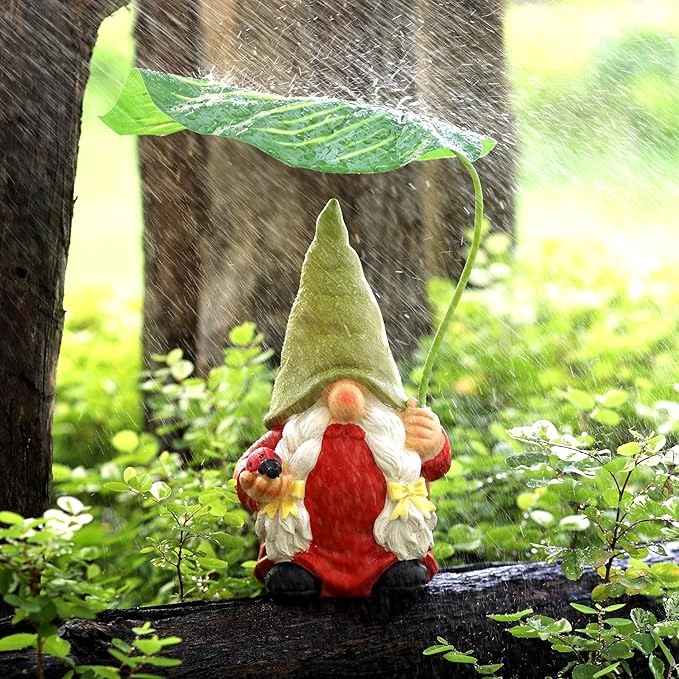 Garden Female Gnome Statue Decoration with Leaf Umbrella, 7.5” Figurine Ornament for Indoor Outdoor Home Patio Yard Lawn, for Gnome Lovers & Garden Enthusiasts，Mom，Women-Ruum Studio Home