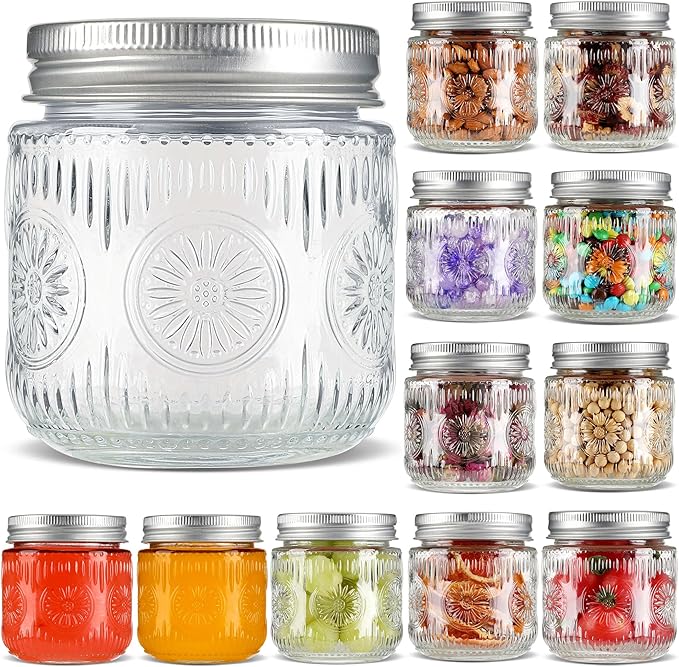 Mason Jars 8 oz - Vintage Small Glass Mason Jars with Silver Metal Lids, Regular Mouth Canning Jars, Safe For Storage, Canning, Pickling, Preserving, Fermenting, DIY Crafts & Decor (12Pack)-Ruum Studio Home