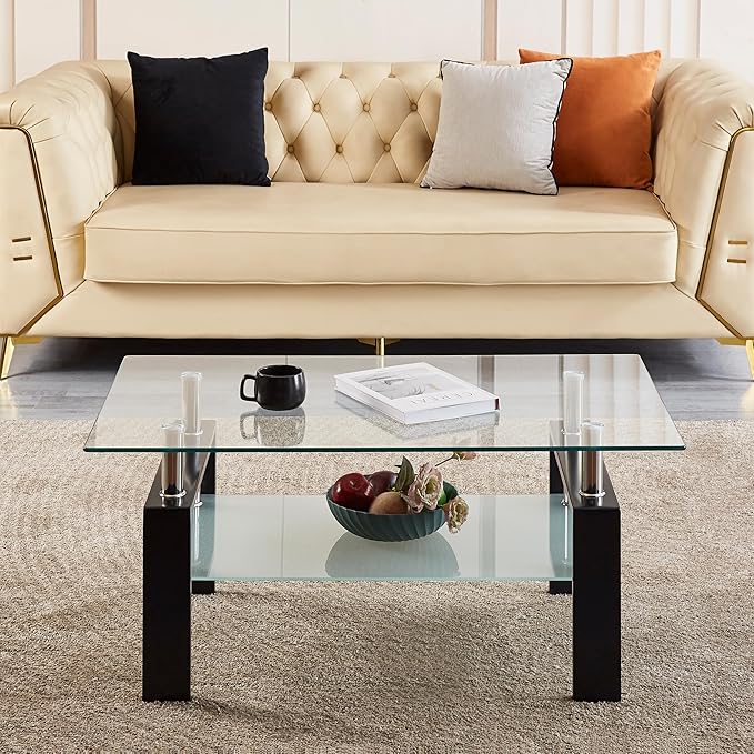 Glass Coffee Table for Living Room, 2 Layer Center Table with Clear Rectangle Tempered Glass Top Black Metal Leg, Mordern Home Office Furniture-Ruum Studio Home