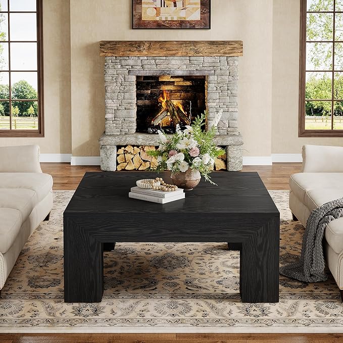 Tribesigns 39.4-Inch Square Coffee Table for Living Room, Farmhouse All MDF Accent Center Cocktail Table with Sturdy Wooden Legs, Easy Assembly, Black-Ruum Studio Home