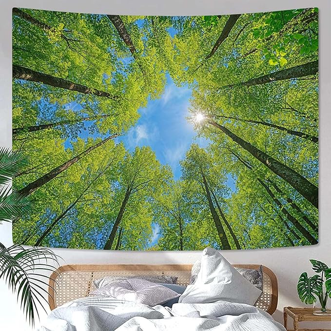 AMM Nature Forest Tree Celling Tapestry Lush Green Treetops Sunlit Tapestry for Bedroom Aesthetic Sky Sunlight Canopy Leaves Landscape Tapestries Wall Hanging for Living Room Dorm Office 80 x 60 Inch-Ruum Studio Home
