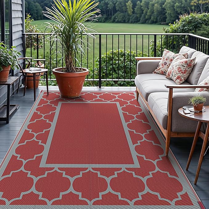 GENIMO 5' x 8' Outdoor Rug Waterproof for Patio Decor, Foldable Reversible Plastic Straw Area Rugs Mat for Camper, Outside Carpet for Rv, Deck, Porch, Picnic, Beach, Balcony, Red & Grey-Ruum Studio Home