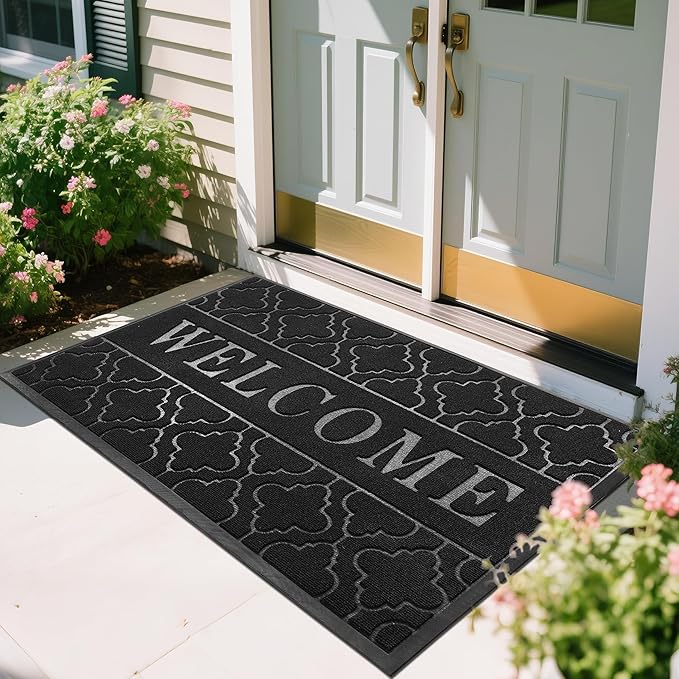 Yimobra Welcome Mat Outdoor Indoor, All-Season Waterproof Front Door Mat Outside Entrance, All-Weather Heavy Duty Non-Slip Doormat, Low Profile Porch Patio Entrance Mats, 60x36, Black-Ruum Studio Home