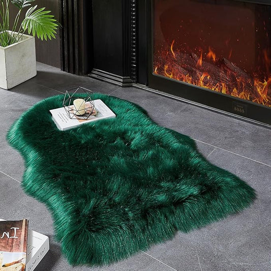 AMTOVO Faux Fur Rug, Dark Green Small Area Rug, Fluffy Sheepskin Rug, Fuzzy Ultra Soft 2 x 3 ft Shag Rugs for Bedroom Sofa Throw Cushion Room Decor, Sheepskin-Ruum Studio Home
