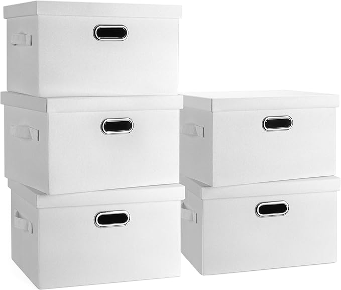 Medium 15" 21 Quart Collapsible Stackable Storage Bins with Lids, 5 Packs White Foldable Fabric Closet Storage Boxes with Lids, Lidded Heavy-duty Linen Baskets(15x11x8)-Ruum Studio Home