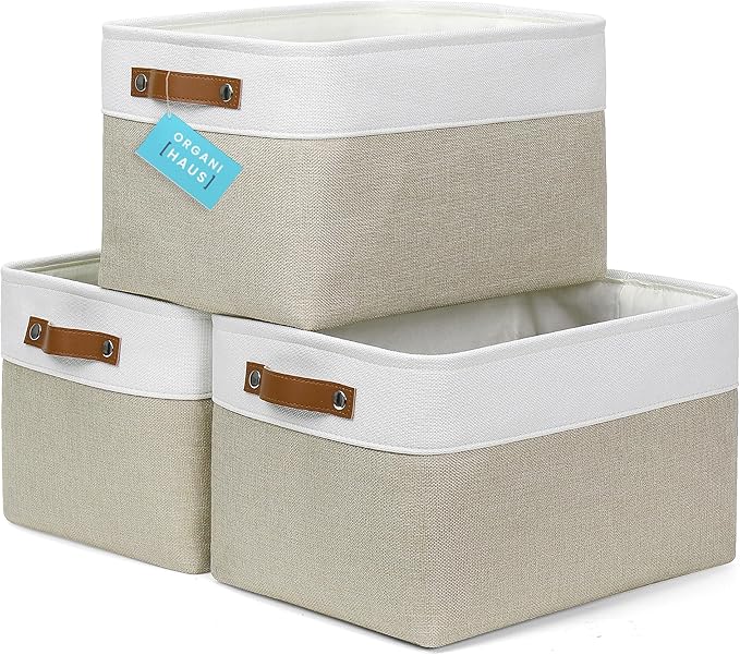 OrganiHaus Large Fabric Storage Baskets for Shelves 3 Pack, 15x11in Closet Storage Bins for Shelves, Cloth Baskets for Organizing, Linen Closet Organizers, Fabric Basket, Beige/White-Ruum Studio Home