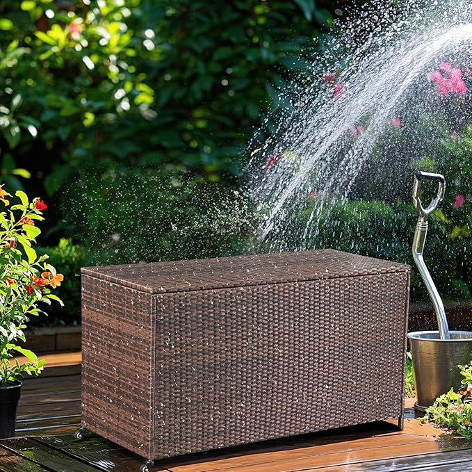 HOMREST Large Deck Box, Outdoor Wicker Storage Container with 70 Gallon, Patio Rattan Furniture for Garden Tools, Pillows, Pool, Brown-Ruum Studio Home