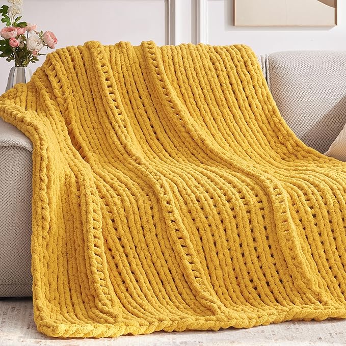 Chunky Knit Throw Blanket, 50''*60'' Knitted Throw Chenille Yarn for Bed Couch, Handmade Yellow Crochet Big Thick Blanket, Machine Washable Cute Comfy Blanket for Home Decor-Ruum Studio Home