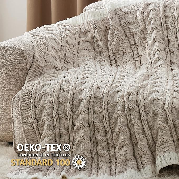 Bedsure Cable Knit Throw Blanket for Couch Bed - Breathable Chenille Chunky Knit Throw Blanket for Decorative Gift, GentleSoft Cozy and Warm for Winter and All Seasons, Beige, 50x60 Inches-Ruum Studio Home