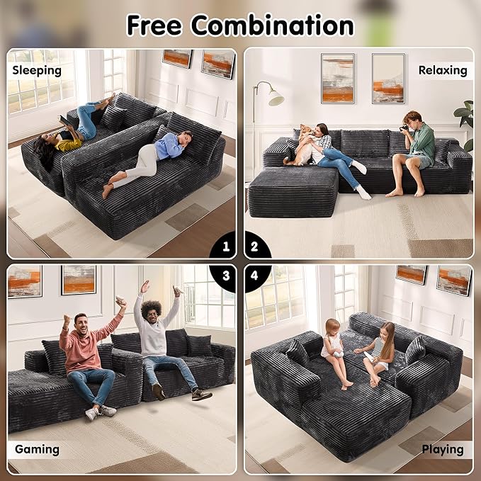 ovios 104" Cloud Sectional Couch with L-Shape Chaise,Modern Modular Sofa with Deep Seat, Upholstered Couches for Living Room Bedroom,No Assembly Required, Grey (Plush Corduroy Fabric)-Ruum Studio Home