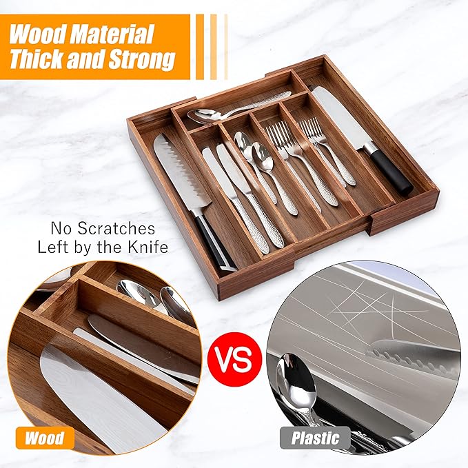 Bellsal Acacia Silverware Organizer Kitchen Drawer Organizer Expandable Bamboo Utensil Holder Cutlery Tray for Kitchen Utensil and Flatware Bedroom Office-Ruum Studio Home