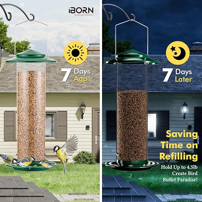 iBorn Metal Bird Feeder for Outside Hanging,Wild Bird Feeders for Cardinal,18cm Large Roof&Green,42CM Long,4.5lb High-Capacity(Seed is not Included)-Ruum Studio Home